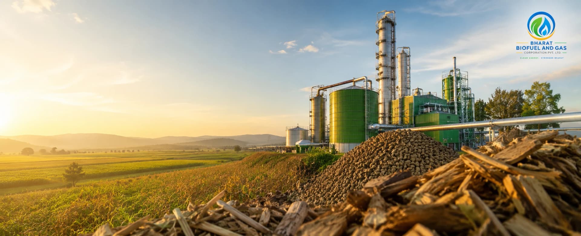 Bio fuel production facility beside harvested agricultural residue at sunrise